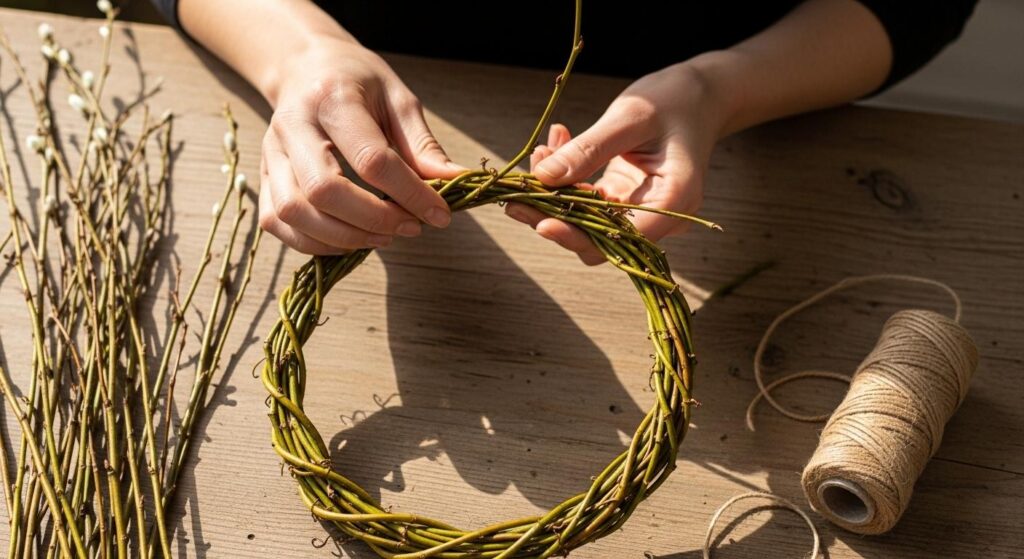 Kobieta tworząca bazę wianka