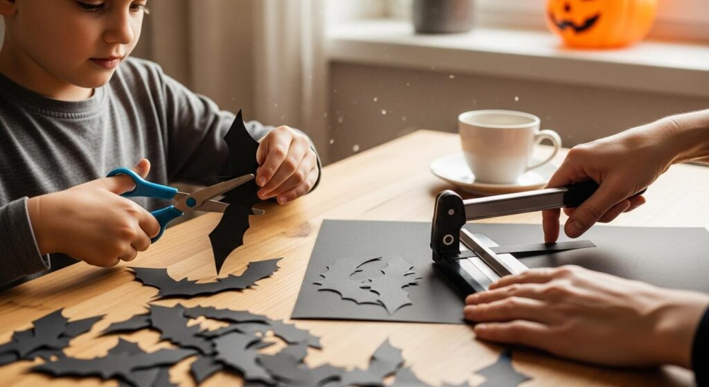 Mama z dzieckiem tworząca papierowe dekoracje