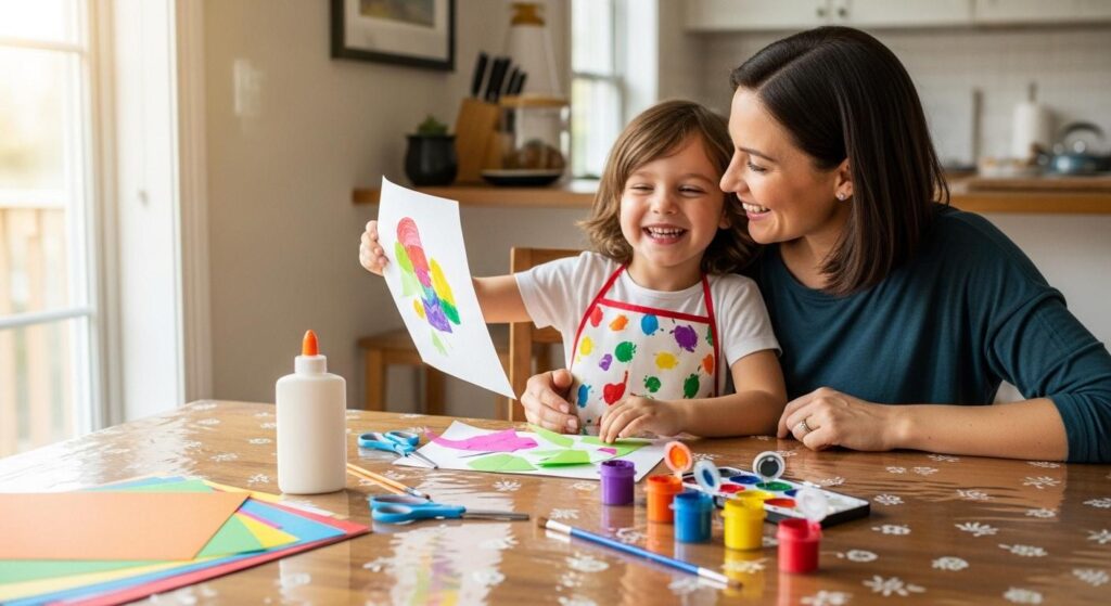 Mama i dziecko przy stole z materiałami do prac plastycznych