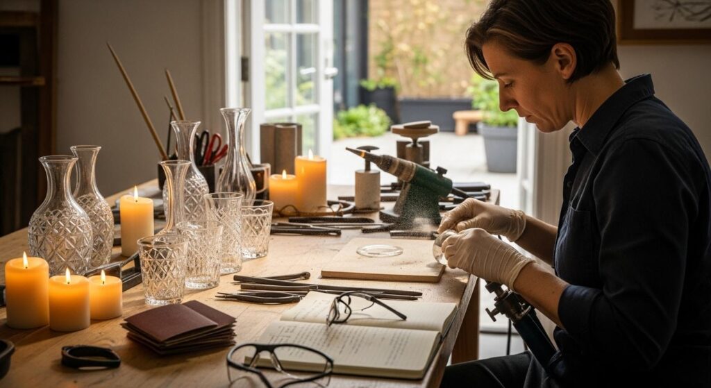 Kobieta w trakcie tworzenia nowych przedmiotów ze starych rzeczy