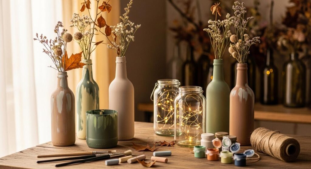 Szklane butelki po winie i sokach przekształcone w wazony i lampiony