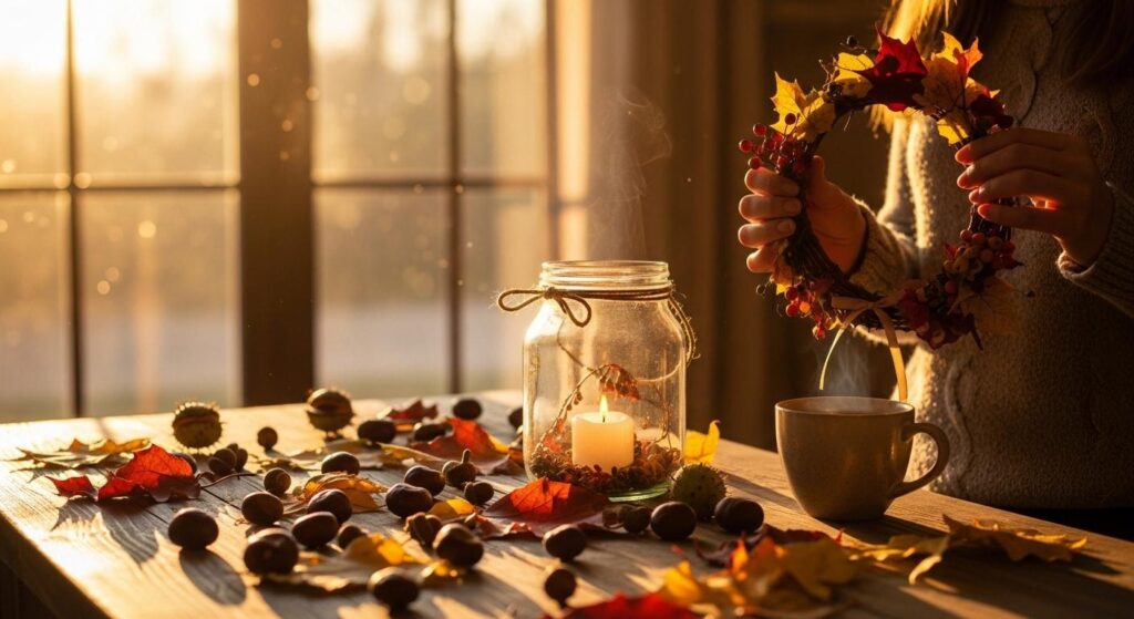 Kobieta tworząca wianek z jesiennych darów natury