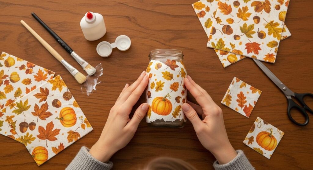 Kobieta przykleja wzory z serwetki do słoika