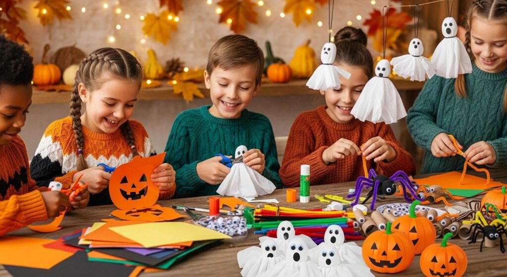 Dzieci tworzące halloweenowe ozdoby