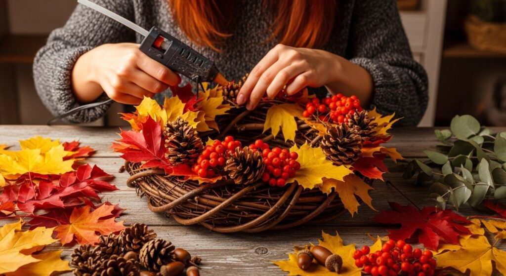 Kobieta dekorująca jesienny wianek
