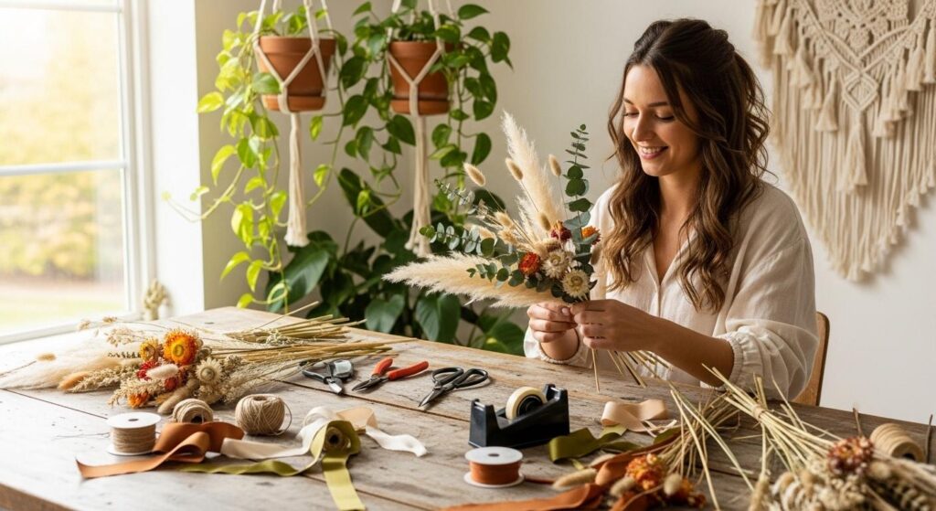 Kobieta tworząca dekoracje z suszonych kwiatów