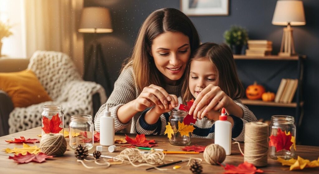 Mama z córką tworzące jesienny lampion