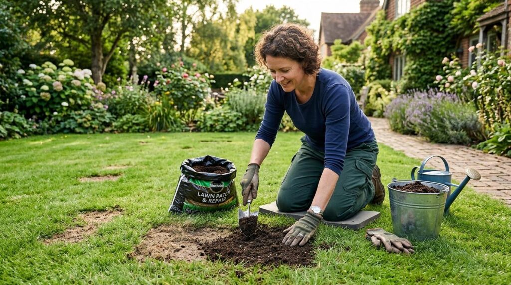 Kobieta  dosiewająca ubytki w trawie