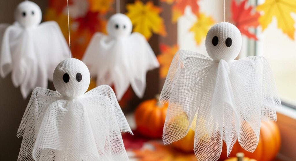 Zawieszone na nitkach duchy wykonane z białej gazy