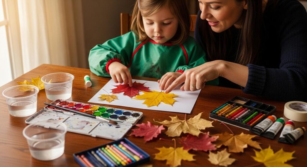 Mama z córką tworząca dekoracje z liści
