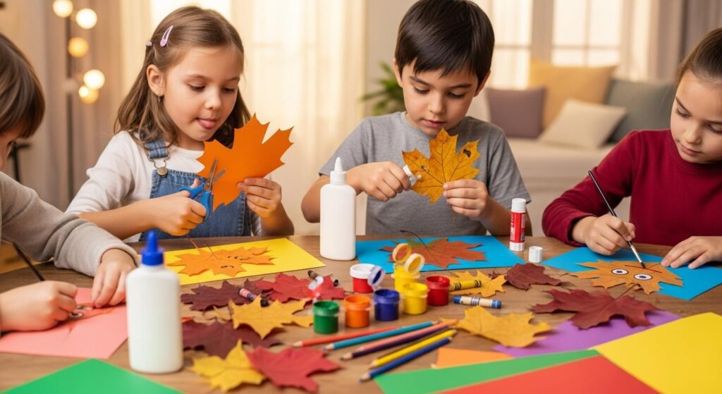 Dzieci tworzące dekoracje z liści