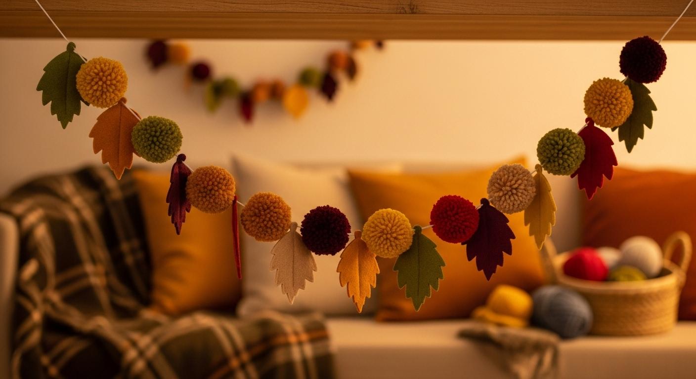 Girlanda z pomponów i filcu w kolorach jesieni – dekoracja salonu w godzinę