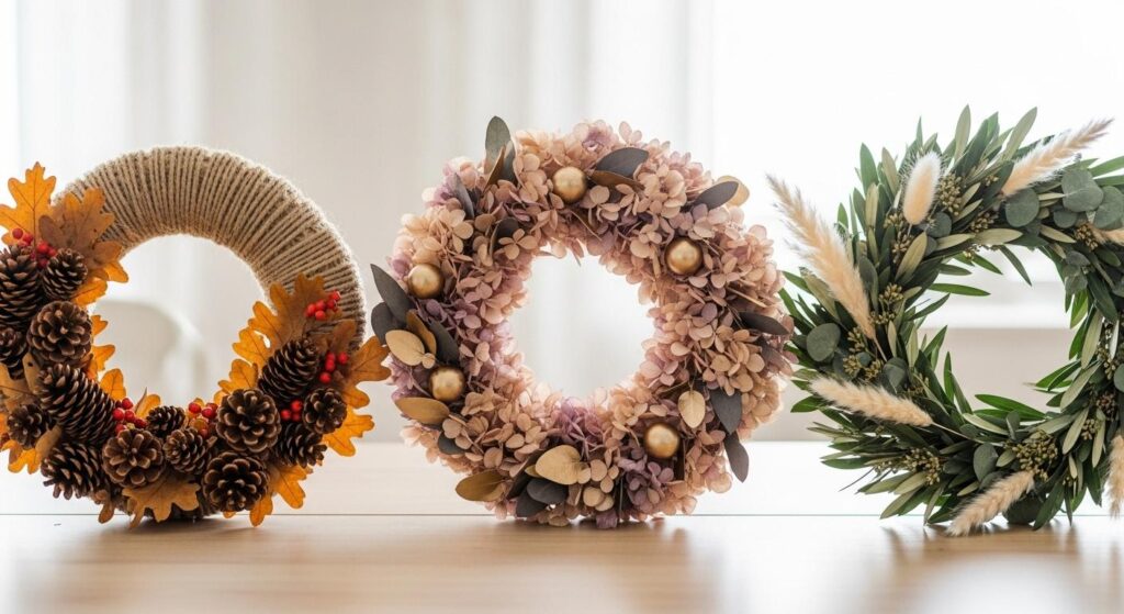 Jesienne wianki ozdobione w stylu rustykalnym, eleganckim i minimalistycznym