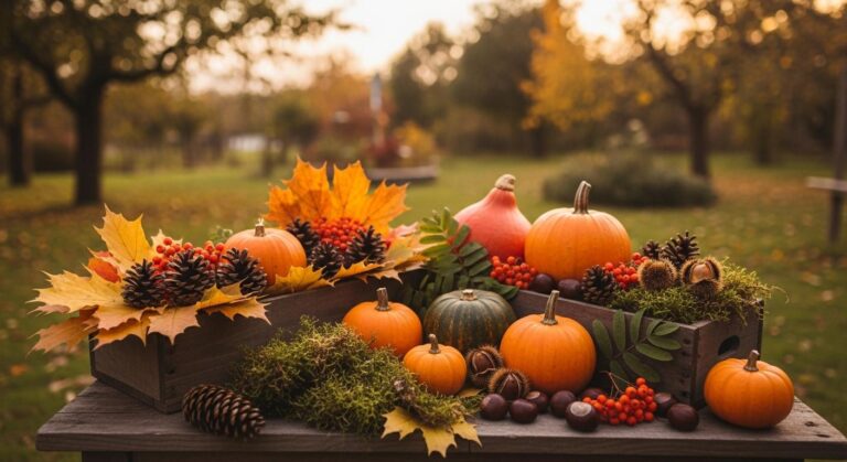 Jesienne dekoracje do ogrodu z darów natury – liście, szyszki i dynie w roli głównej