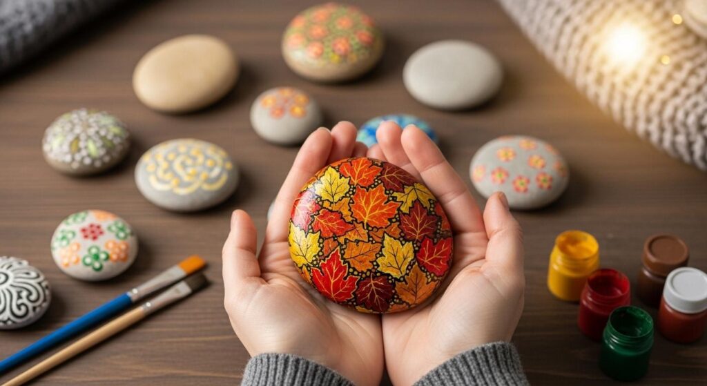 Pomalowany kamień z jesiennym motywem