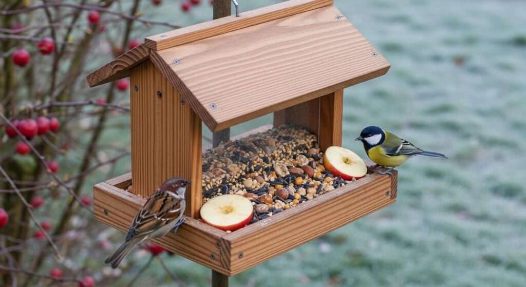 Drewniany karmnik ustawiony na słupku w ogrodzie, wypełniony różnorodnymi nasionami, orzechami i kawałkami jabłek.