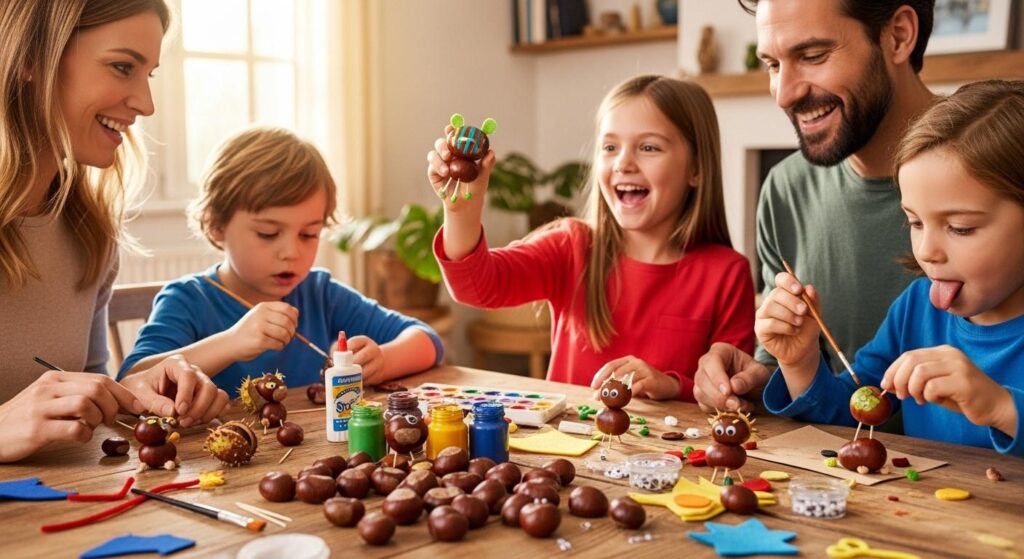 Rodzina tworząca figurki z kasztanów