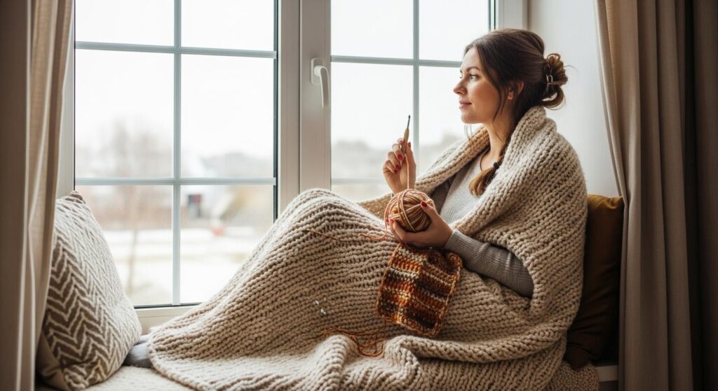 Kobieta okryta kocykiem szydełkująca jesienne projekty