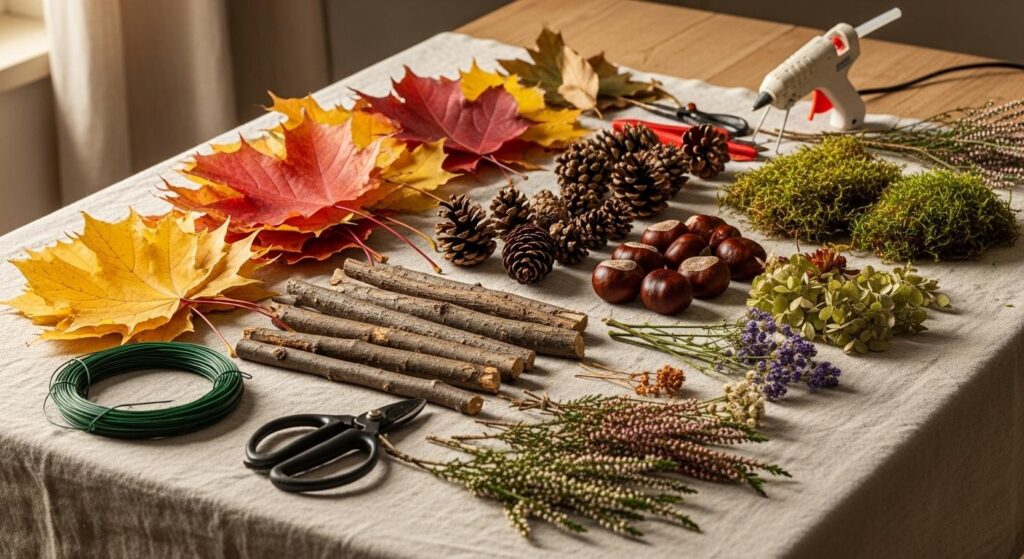 Materiały i narzędzia do tworzenia jesiennego wianka