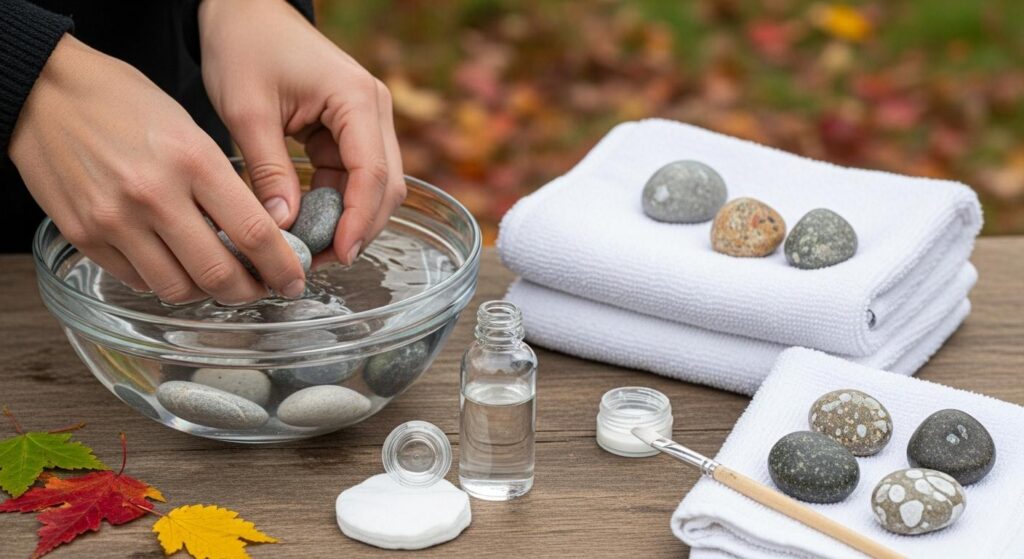 Kobieta przygotowująca kamienie do malowania