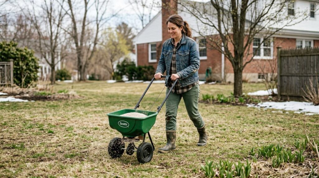 Kobieta nawożąca trawnik po zimie