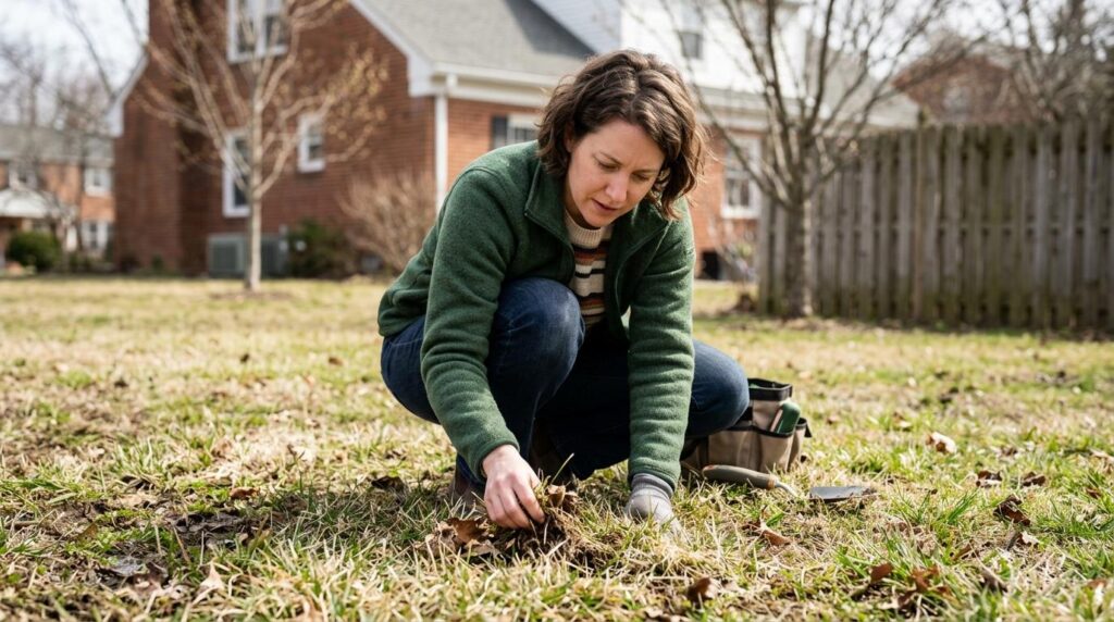 Kobieta sprawdzająca stan trawnika po zimie