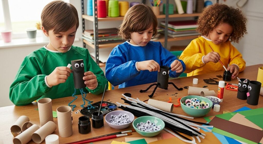 Dzieci tworzące pająki z rolek po papierze toaletowym