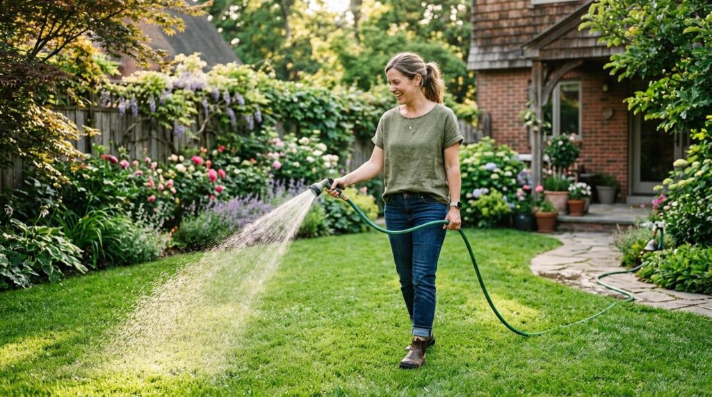 Kobieta podlewająca trawnik