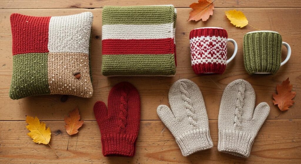 Własnoręcznie wykonane na szydełku mitenki, ocieplacze na kubki, pokrowce na poduszki i mini kocyk