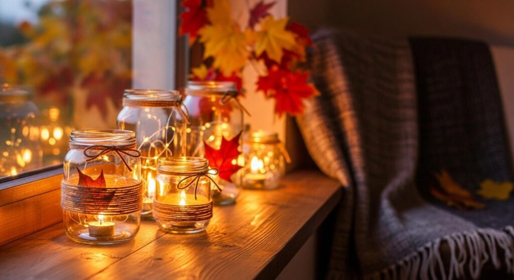 Jesienne lampiony ozdabiające parapet