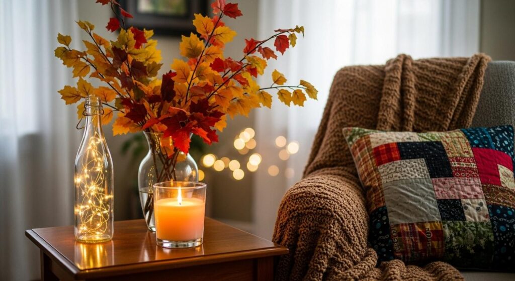 Przytulny kąt w domu: świeca w szklanym pojemniku, obok wazon z jesiennymi gałązkami, butelkowy lampion i patchworkowa poduszka.