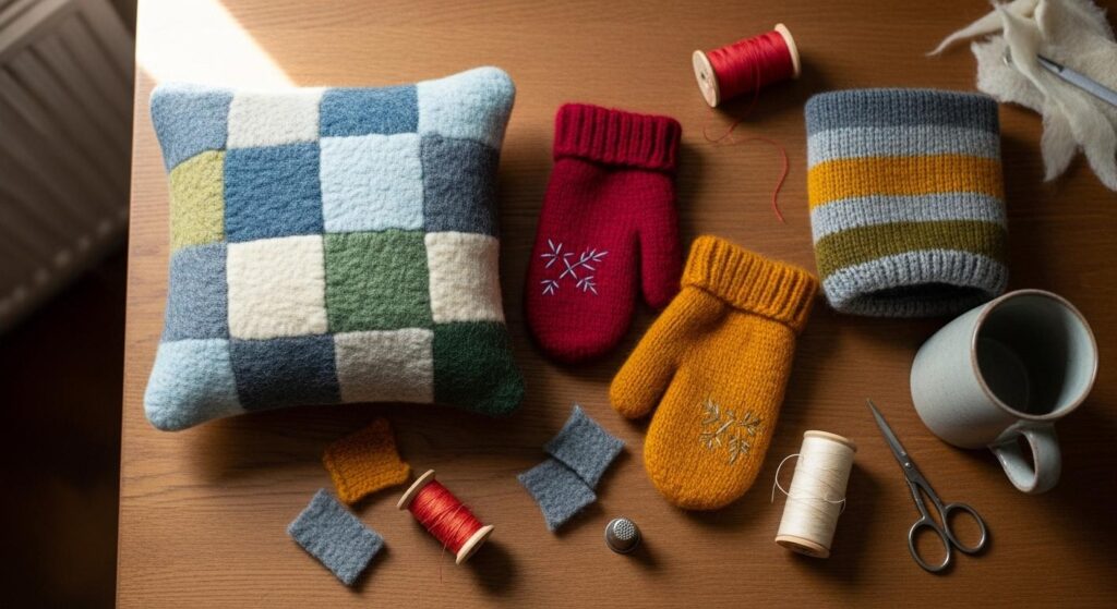 Projekty z upcyklingu wełny: mała poduszka, mitenki i ocieplacz na kubek.