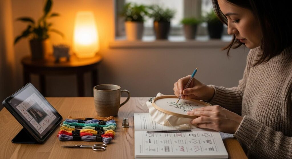 Kobieta ucząca się haftować