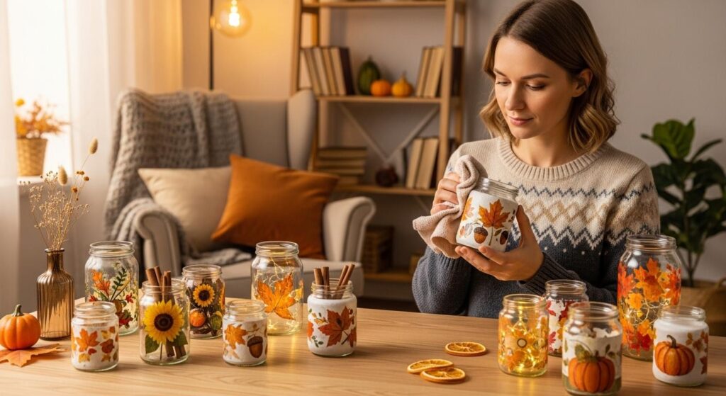 Kobieta czyszcząca słoiki ozdobione metodą decoupage