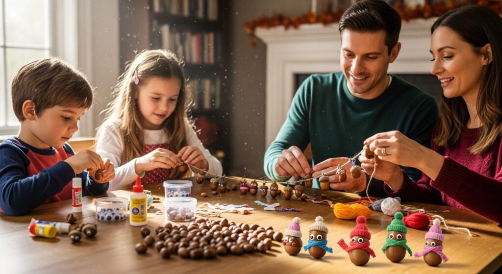 Rodzina tworząca projekty DIY z żołędzi