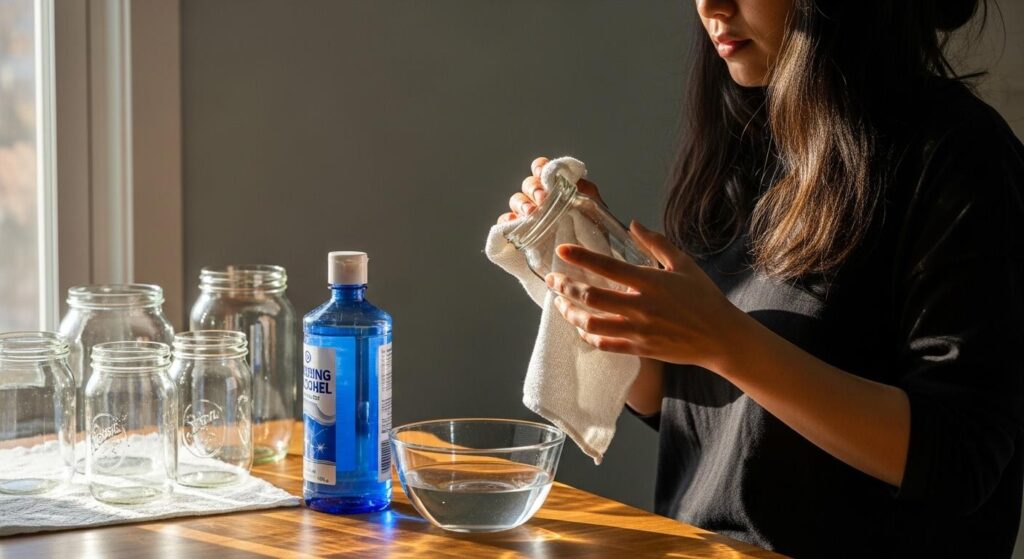 Kobieta przygotowująca słoiki do decoupage