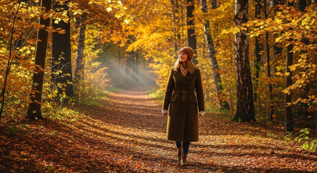 Kobieta spacerująca po jesiennym lesie