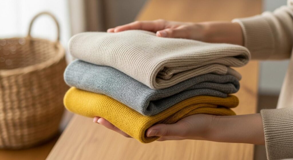 Kobieta trzymająca swetry do upcyklingu