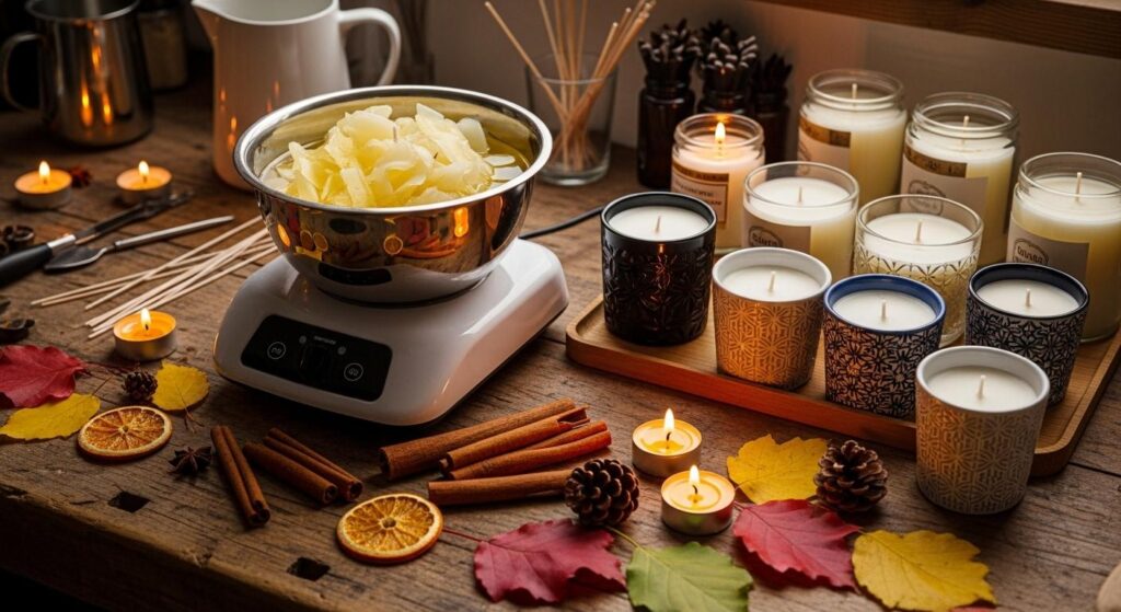 Stół warsztatowy, na którym kobieta przetapia resztki świec