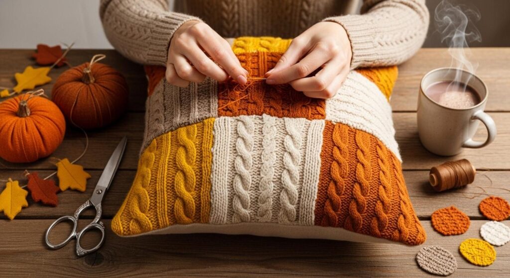 Kobieta szyjąca patchworkową poduszkę