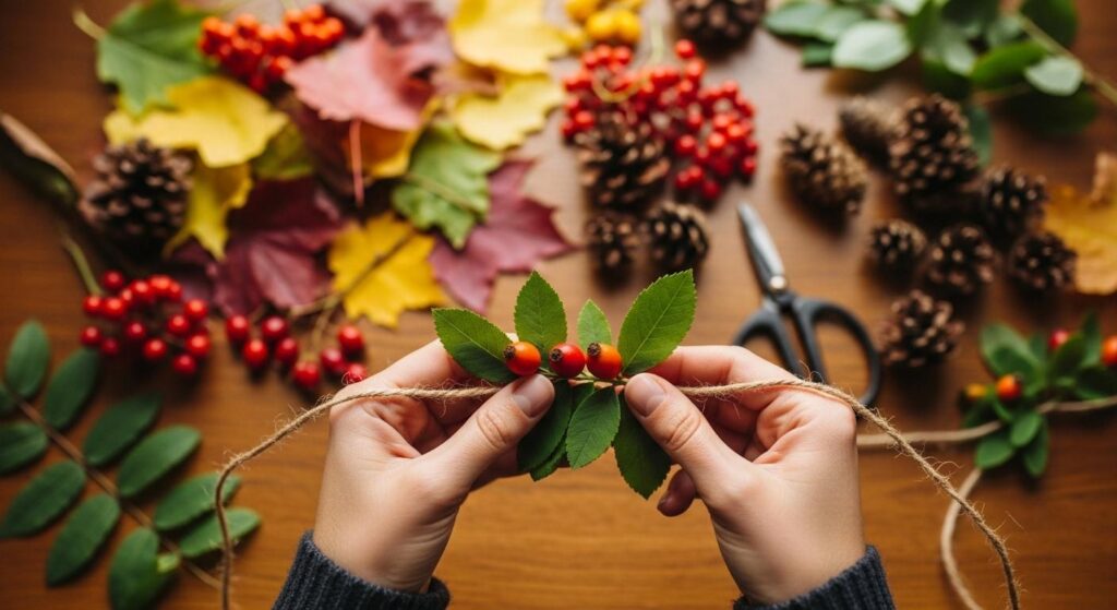 Kobieta tworząca jesienną girlandę
