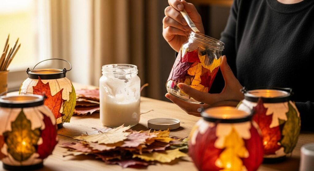 Kobieta tworząca jesienny lampion