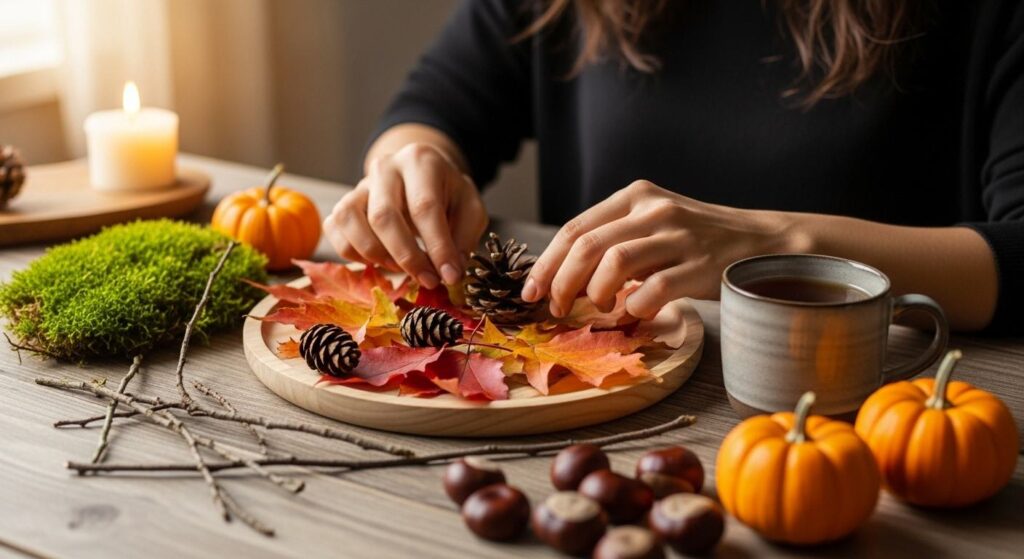 Kobieta tworząca jesienny stroik na stół