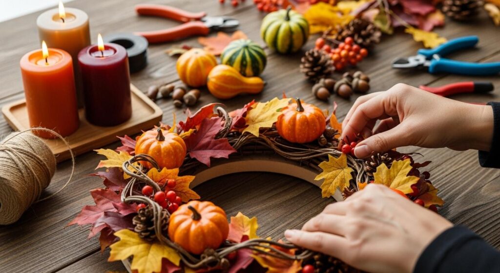 Kobieta tworząca jesienny stroik