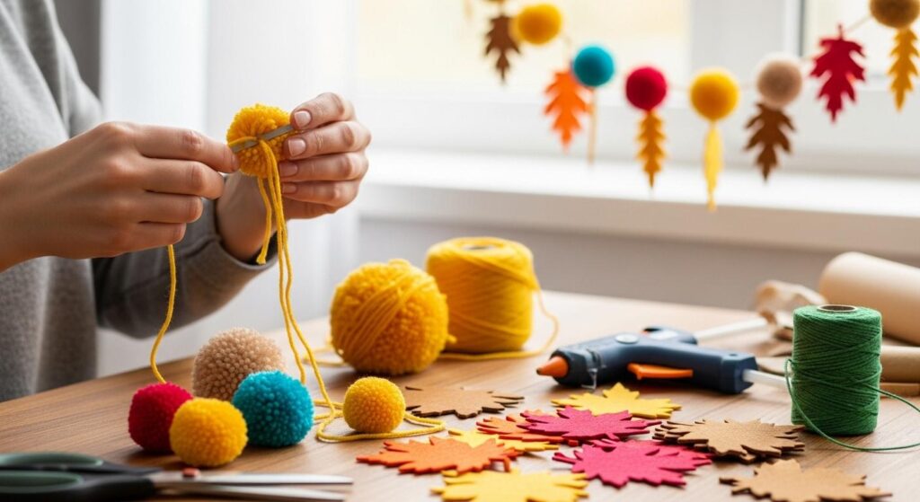 Kobieta tworząca girlandę z pomponów i filcu