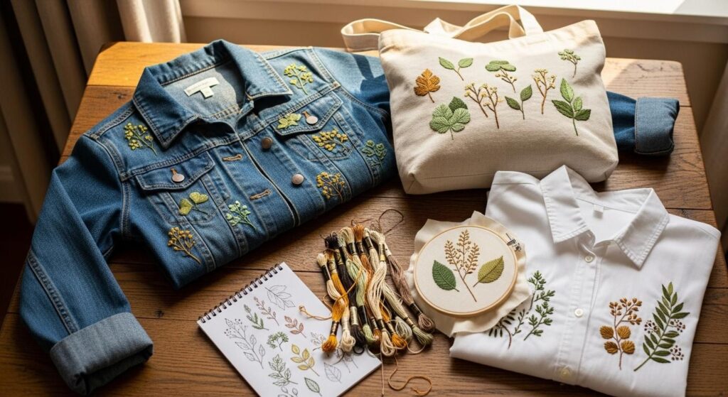 Jeansowa kurtka, lniana torba i bawełniana koszula ozdobione haftowanymi motywami liści i gałązek