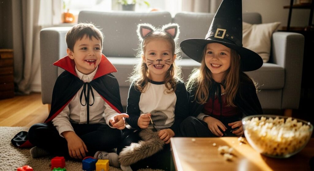 Dzieci przebrane za wampira, kotka i czarownicę