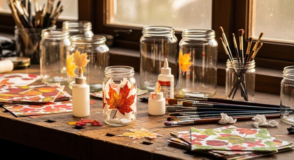 Stół z materiałami do tworzenia projektów techniką decoupage