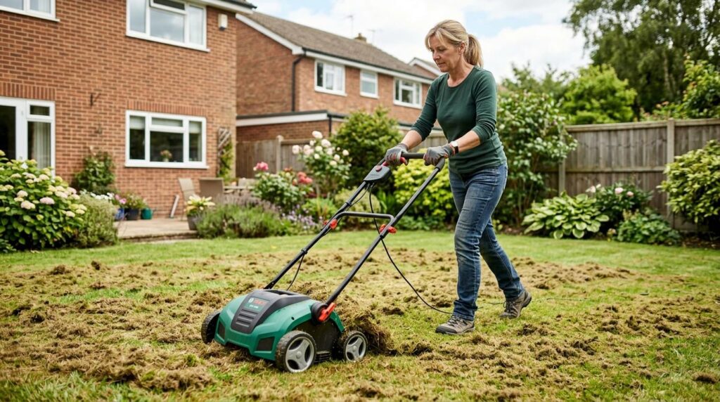 Kobieta wertykulująca trawnik