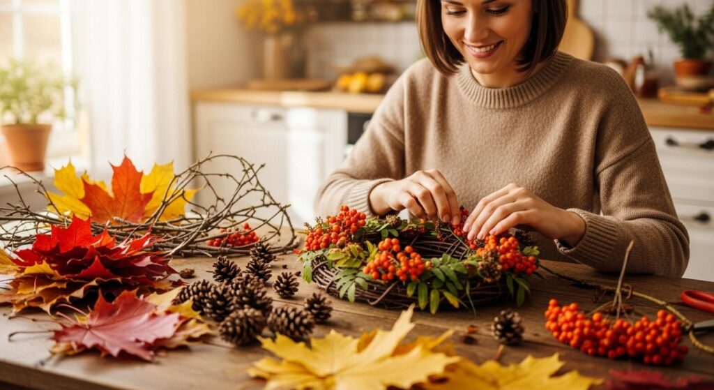 Kobieta tworząca jesienny wianek